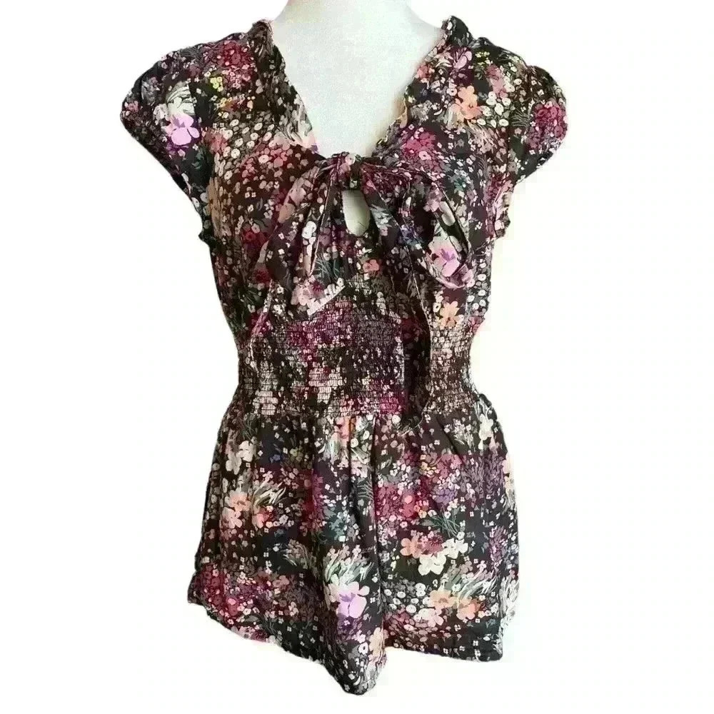 H&M Floral Top With Tie Accent & Empire Waist Size 12